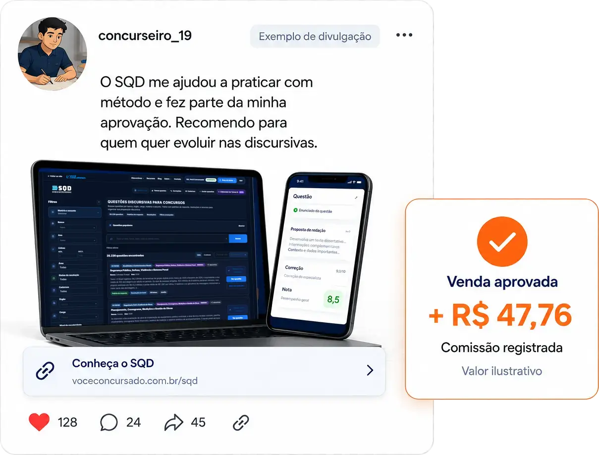 Exemplo ilustrativo de uma publicação do perfil concurseiro_19 recomendando o SQD, seguida de uma venda aprovada e comissão de R$ 47,76.