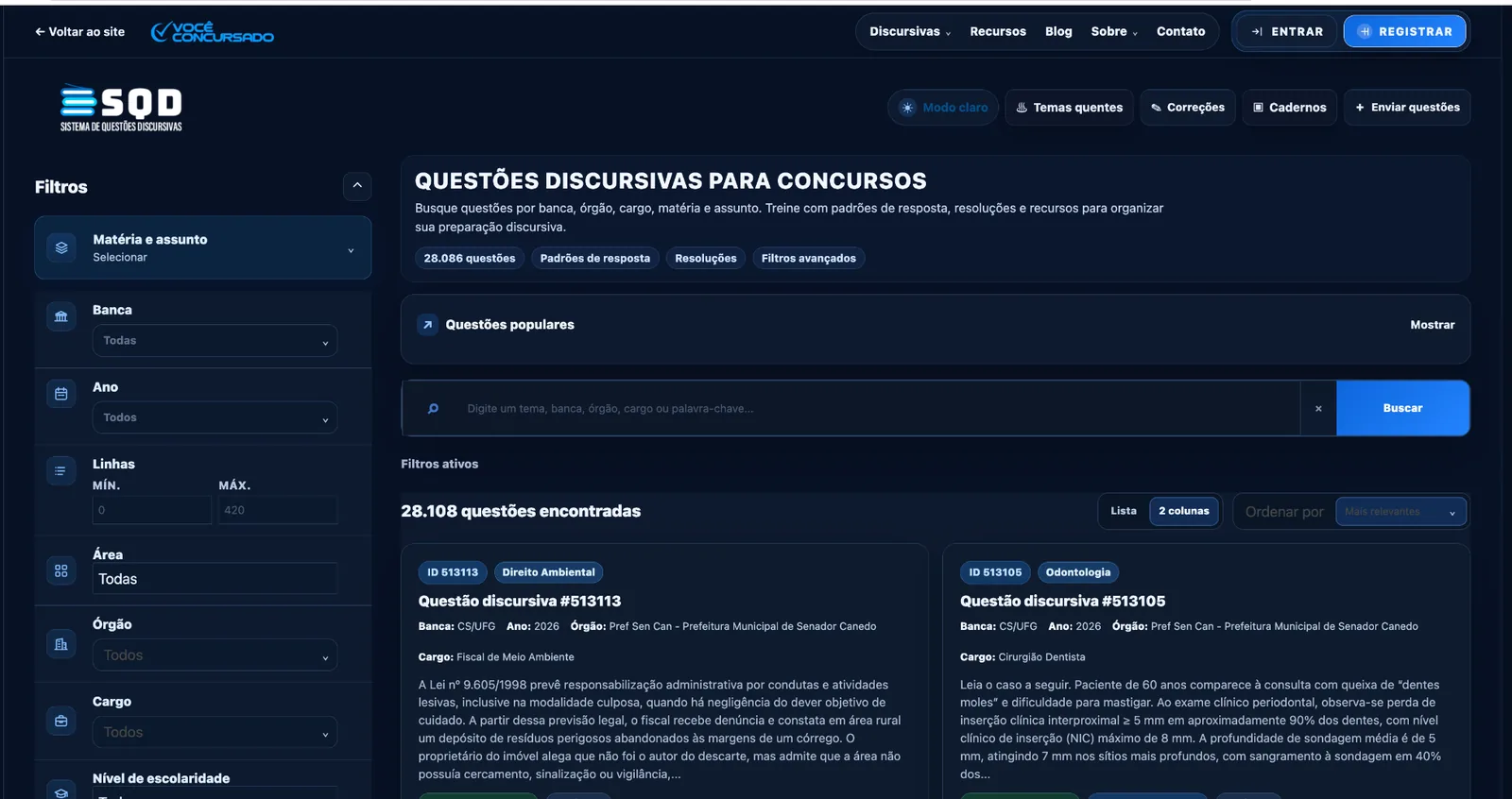Tela do Sistema de Questões Discursivas em modo escuro